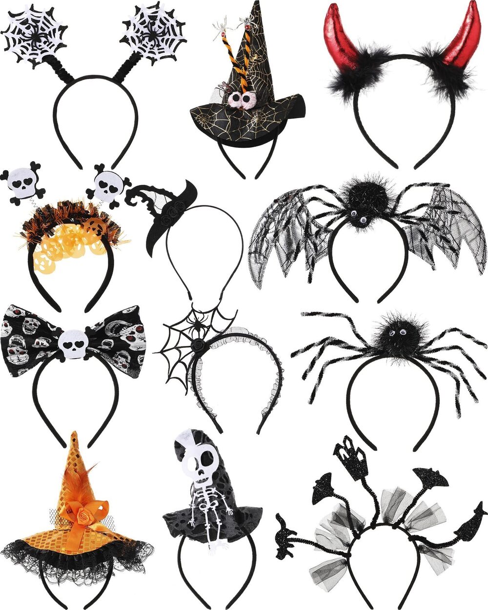 7212 12 Pack Halloween Headbands Witch Hat Spider Costume Headbands Skull